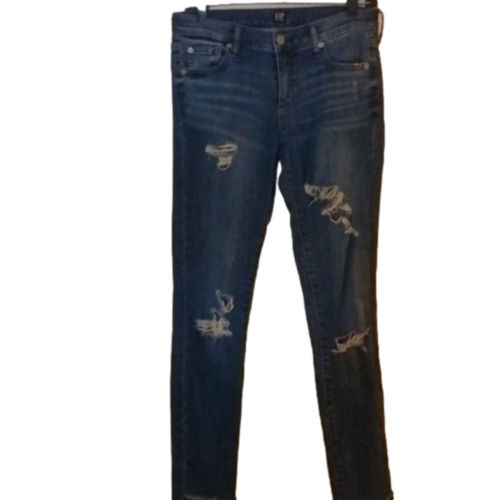 Gap true skinny distressed jeans, size 27. Some stretch to the waist.
